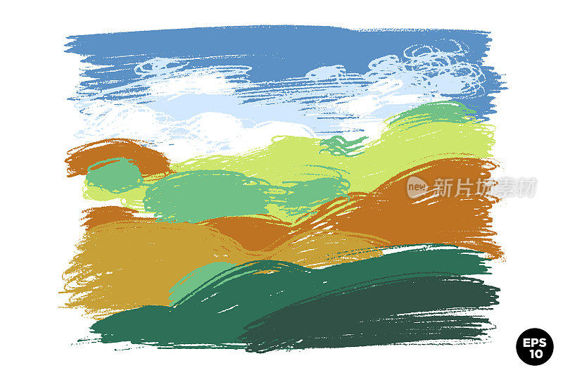 蜡笔用天真的手画了草地山丘和蓝天。矢量粉彩粉笔背景横幅。横向景观彩色背景。