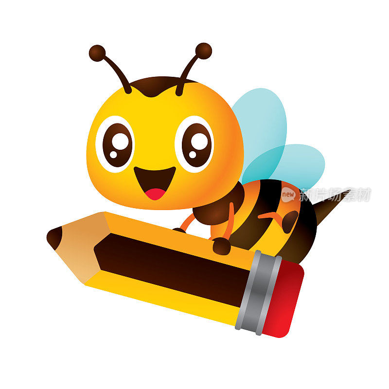 回到学校。3D可爱的蜜蜂拿着大铅笔与快乐的微笑字符插图
