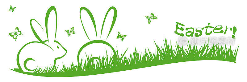 复活节兔子与蝴蝶在孤立的白色背景。节日线性插图在平面风格。