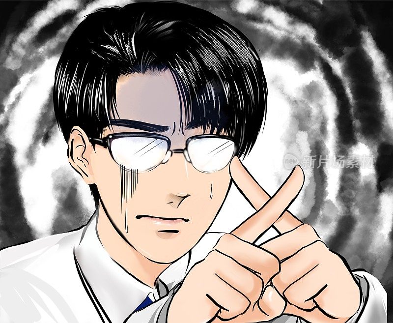 Shoujo漫画风格的彩色插图，一个英俊的黑发医生，戴着眼镜，用手指做了一个十字符号，警告苍白和黑暗的云层背景