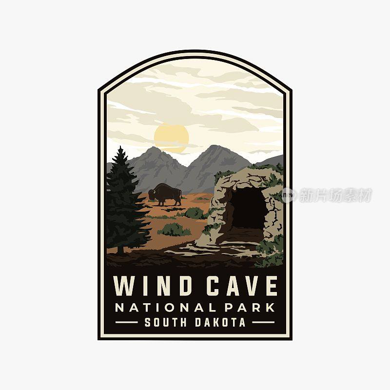 风洞国家公园矢量模板。在补丁徽章风格的南达科他州地标插图。