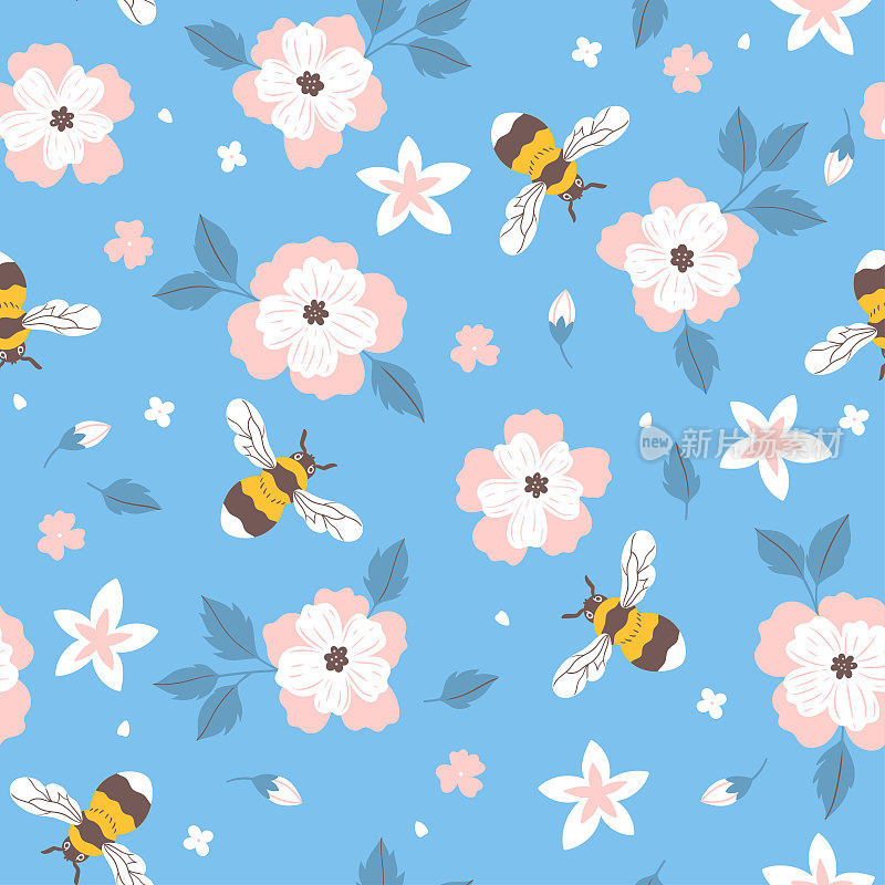 无缝模式与蜜蜂和粉红色和白色的花朵。矢量图形。