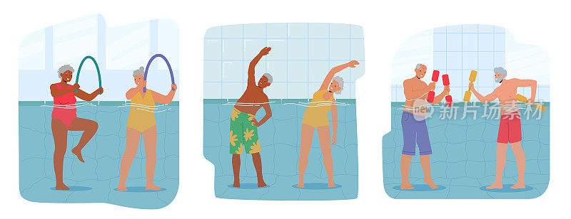 老年人享受清新和活力的水中有氧运动课程，随着教练在水中嬉戏