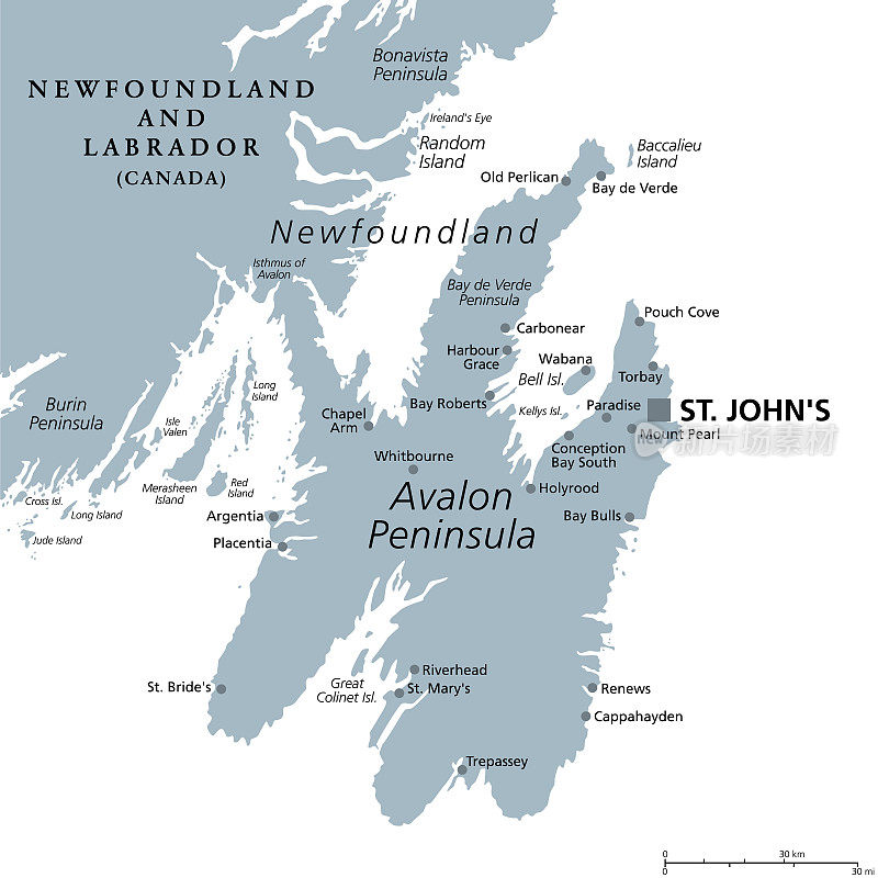 阿瓦隆半岛，部分纽芬兰，加拿大，灰色政治地图