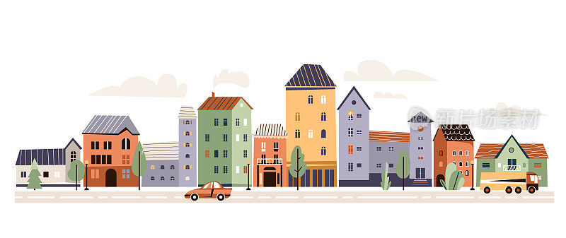 城市街道与房屋，路灯，树，汽车，道路矢量插图。城镇水平边框呈扁平现代卡通风格。外部建筑全景图