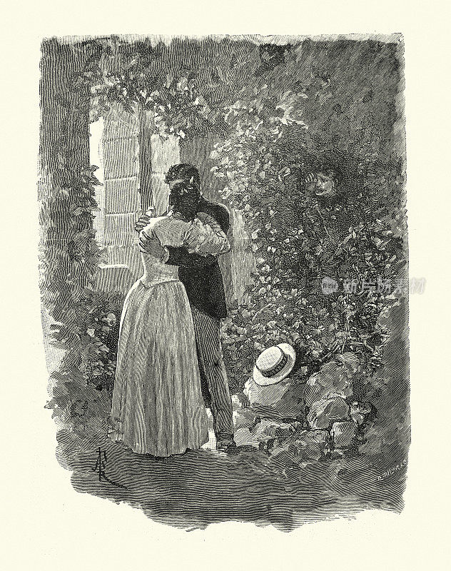 19世纪，1891年，维多利亚时代，年轻的情侣在热恋中拥抱
