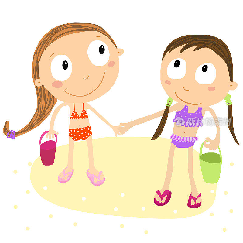 女孩们拿着水桶在沙滩上玩耍