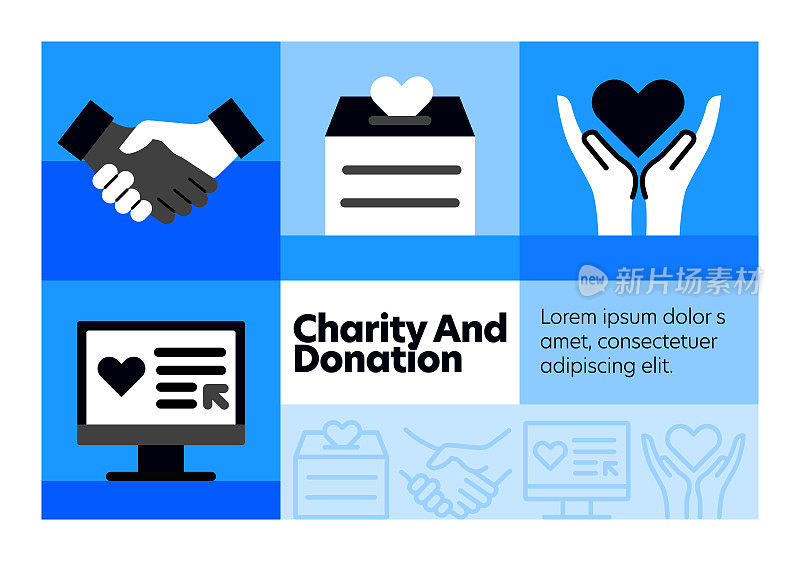 慈善和捐赠线图标集和横幅设计。