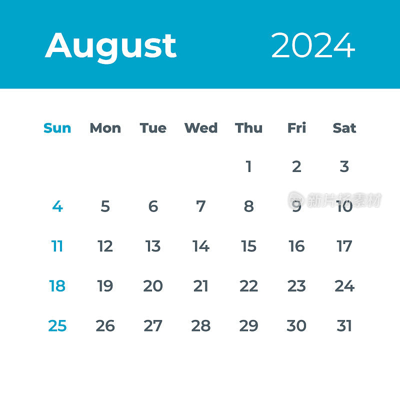 2024年8月――日历叶子。矢量图