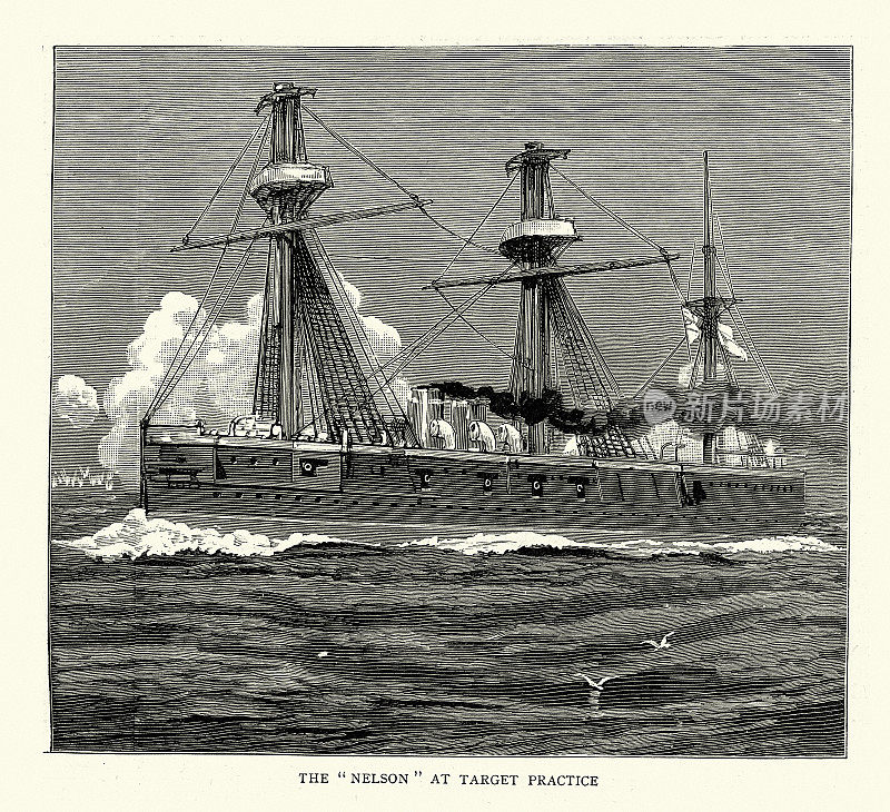 19世纪80年代，为皇家海军建造的纳尔逊号装甲巡洋舰，海军演习，新南威尔士州杰维斯湾