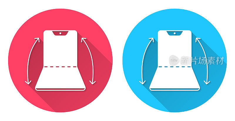 可折叠的智能手机。圆形图标与长阴影在红色或蓝色的背景