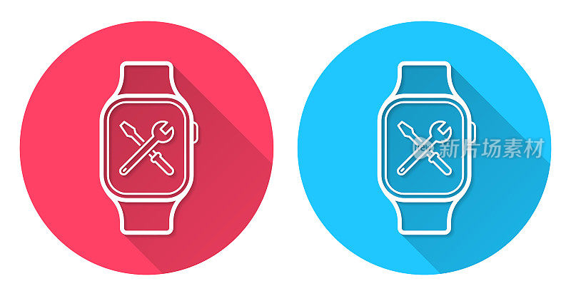 智能手表设置-工具。圆形图标与长阴影在红色或蓝色的背景