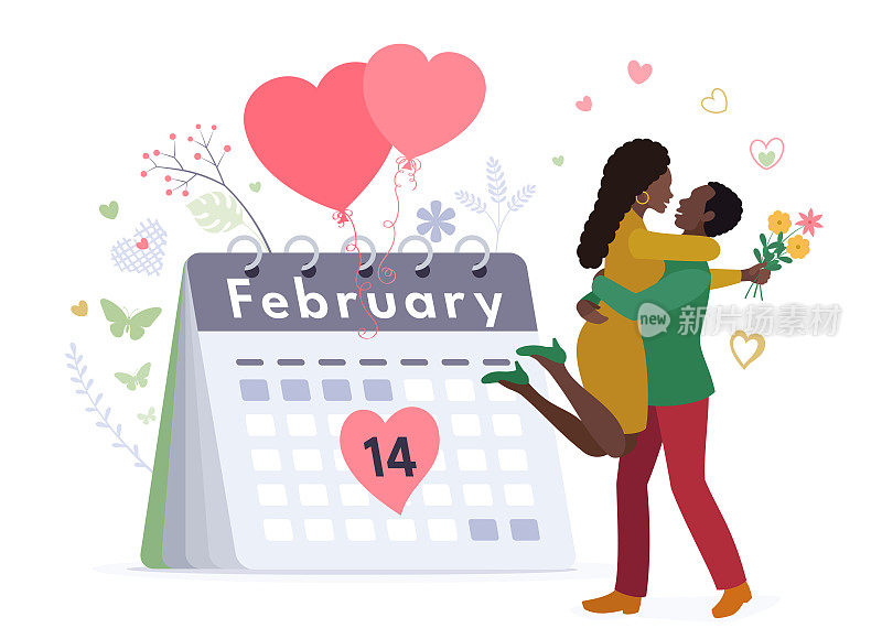非洲情侣在情人节坠入爱河。2月14日。日历。拥抱爱情。
