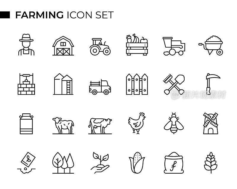农场概念细线图标集包含这样的图标，农民，农舍，谷仓，拖拉机，收获，联合收割机，牲畜，家禽，玉米，牛奶等