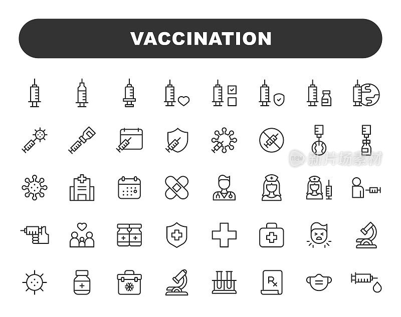 疫苗接种线图标。可编辑的中风。包含诸如预约，医生，健康，保健，医院，免疫，体检，医学，药房，注射器，疫苗等图标。