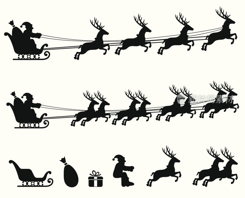 制作自己的圣诞老人雪橇黑白图标集。