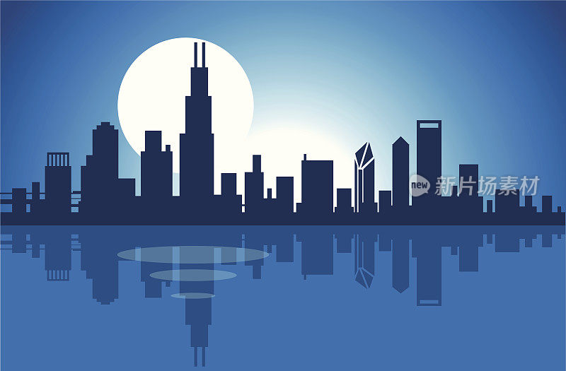 芝加哥天际线夜晚在湖上的插图