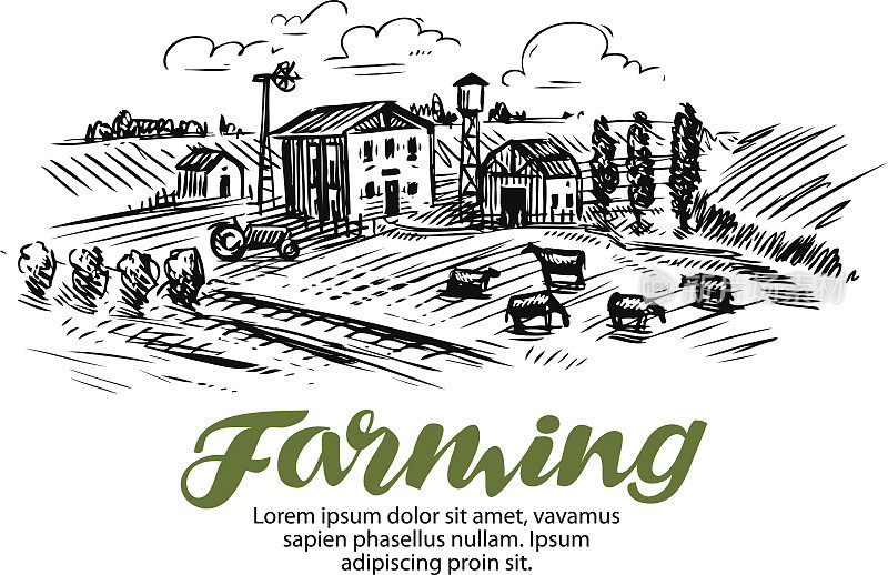 农场的草图。农业，农业或养牛矢量图