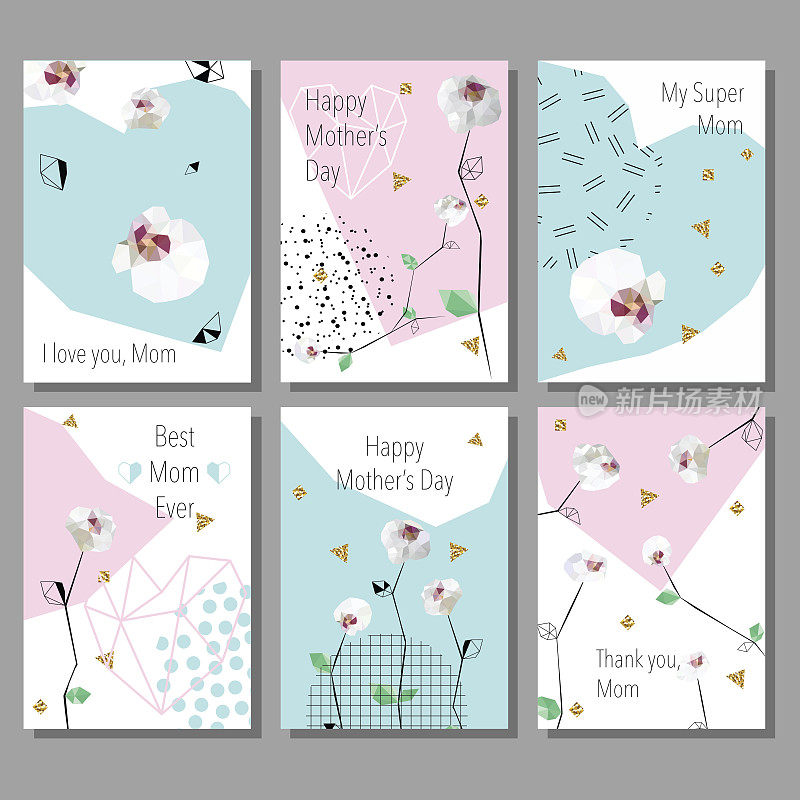 一套母亲节艺术创意卡片。低聚花柱兰花花。
