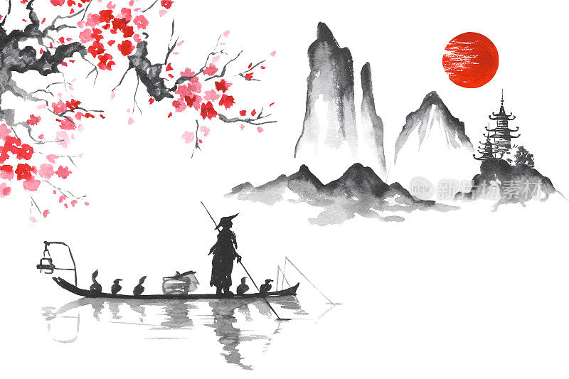 日本传统绘画Sumi-e艺术人与船
