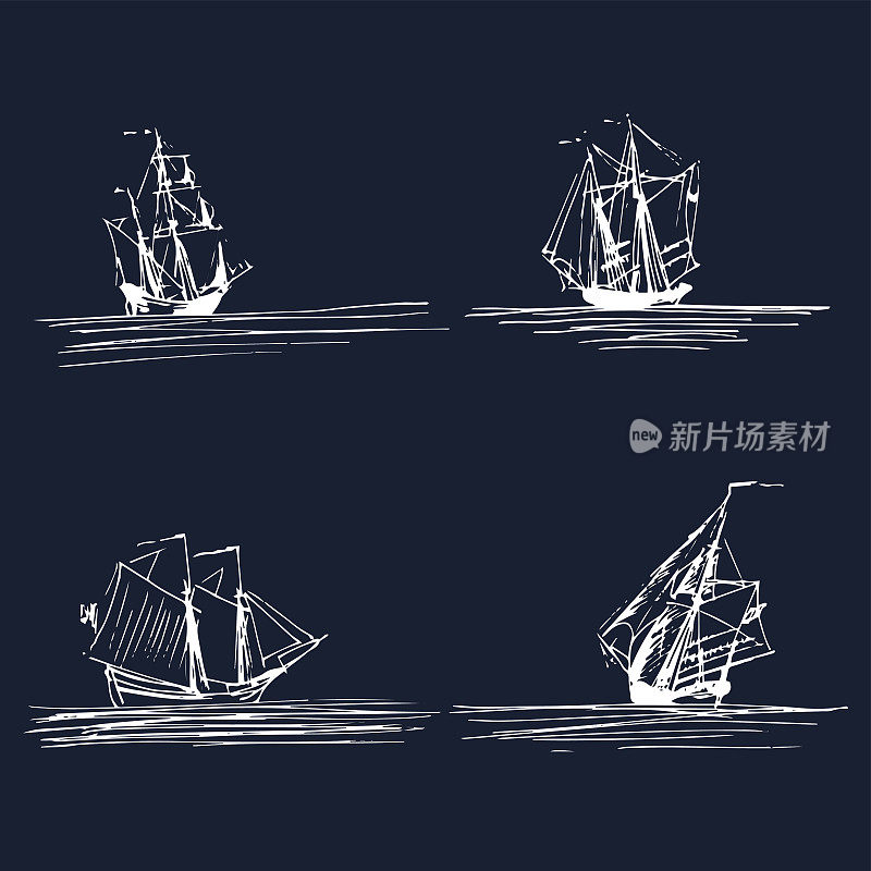 在海上航行的船只或船只的矢量集。手绘多桅纵帆船，单桅纵帆船，双桅纵帆船。海洋主题设计。