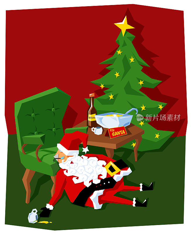 圣诞老人喝了蛋酒和朗姆酒后在地板上睡着了
