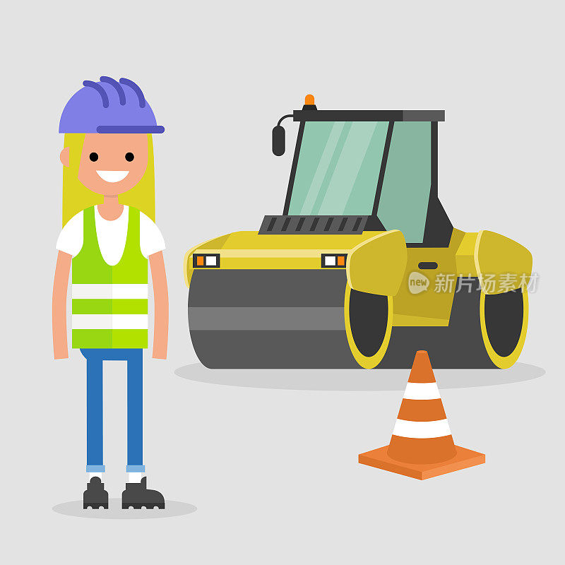 年轻的女工程师戴着安全帽和反光背心。沥青铺路。工业插图。黄色压路机和橙色圆锥。平面矢量插图，剪辑艺术。