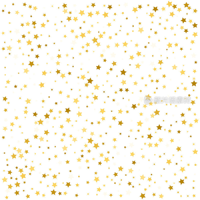 金星彩纸雨节日背景。矢量金纸箔星星落下孤立的白色背景。