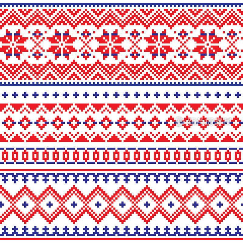 冬季十字绣矢量图案的灵感来自于拉普兰的萨米人民间艺术——斯堪的纳维亚、北欧风格