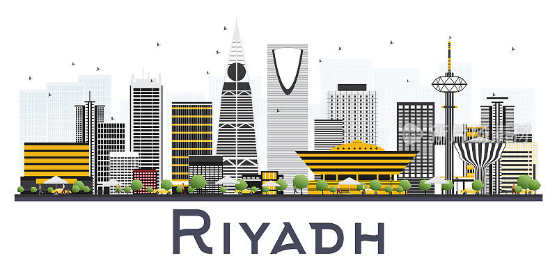沙特阿拉伯利雅得城市天际线与灰色的建筑物孤立在白色的背景。
