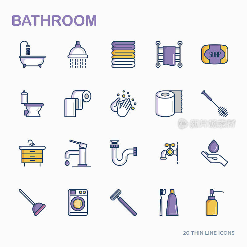 浴室设备细线图标。卫生，纯洁，美丽，水管工相关的图标。矢量插图。