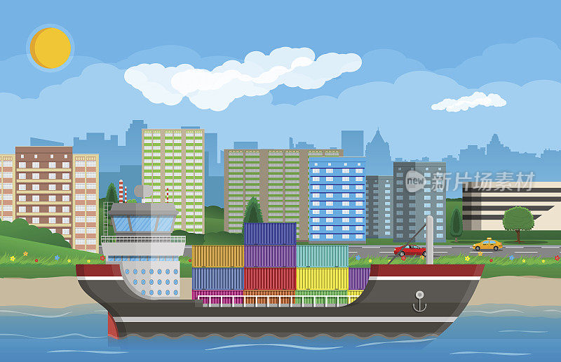 货船，集装箱，城市景观。港口物流