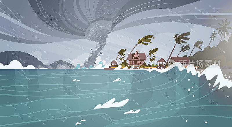 来自海洋飓风的龙卷风海岸房屋的巨浪热带自然灾害概念