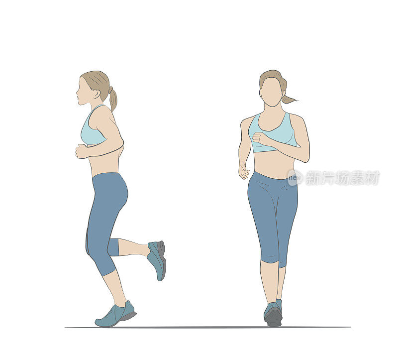 女人跑。运动，摆脱多余的体重。健康的生活方式。矢量插图。