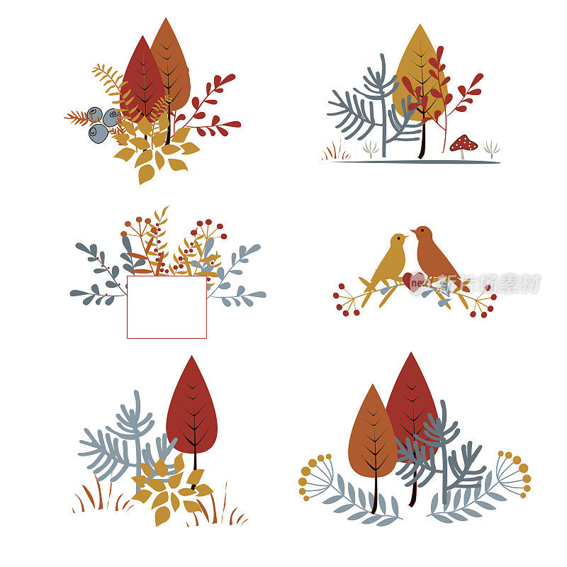 一套秋季花卉卡片与抽象的叶子，树，和鸟。秋天组成集合