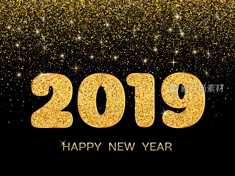 2019新年快乐。黑色背景上的金色五彩纸屑。2019年新年贺卡。背景与金色数字和五彩纸屑。