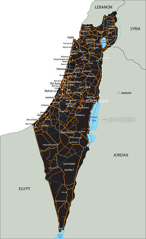 高度详细的以色列路线图与标签。