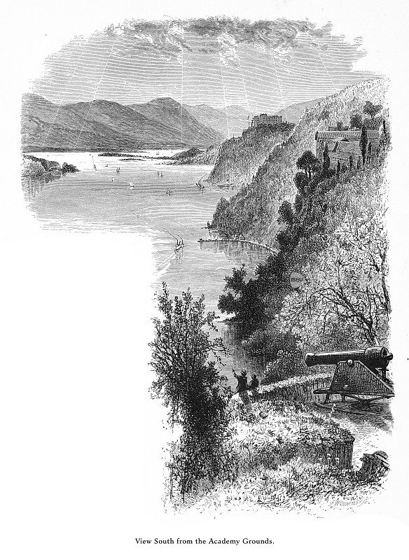 哈德逊河上的西点军校，美国纽约，美国，维多利亚版画，1872年