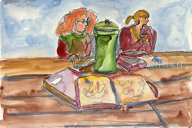 水彩画，素描，插画，年轻女孩，女人，坐在咖啡馆，书籍，图书馆