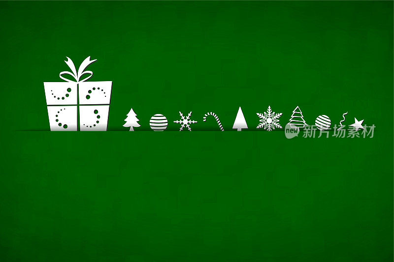 一个有创意的亮绿色圣诞背景的水平矢量插图，中间有一个狭缝或切割，白色的圣诞礼物和装饰品排列在上面
