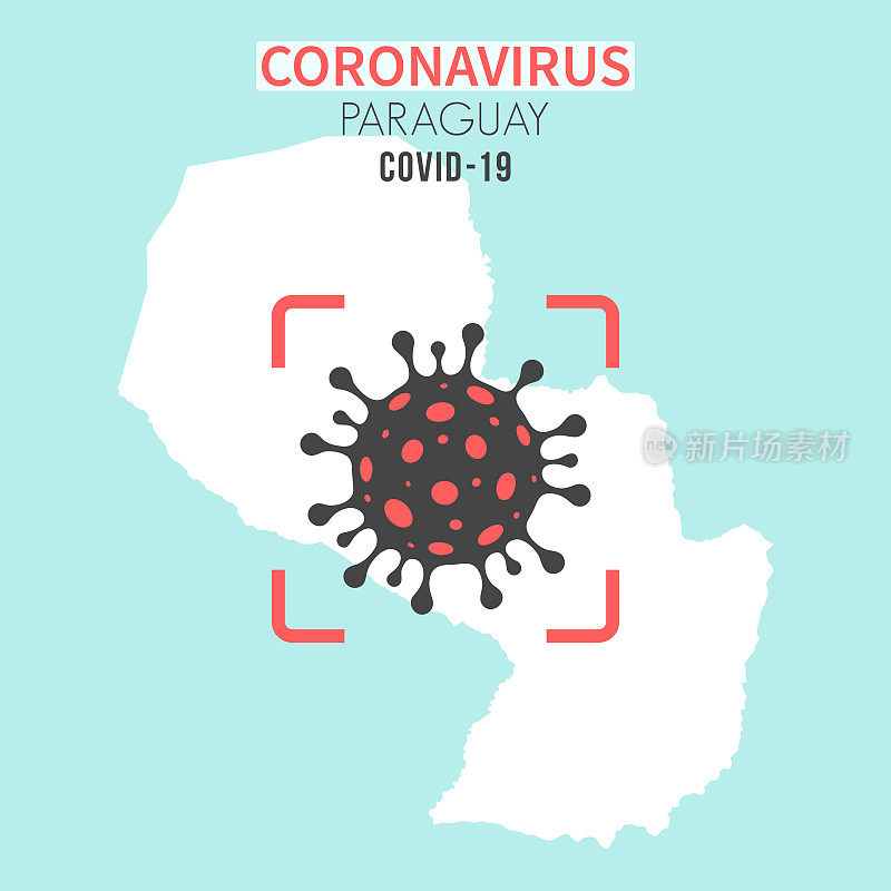 巴拉圭地图，红色取景器中有冠状病毒细胞(COVID-19)