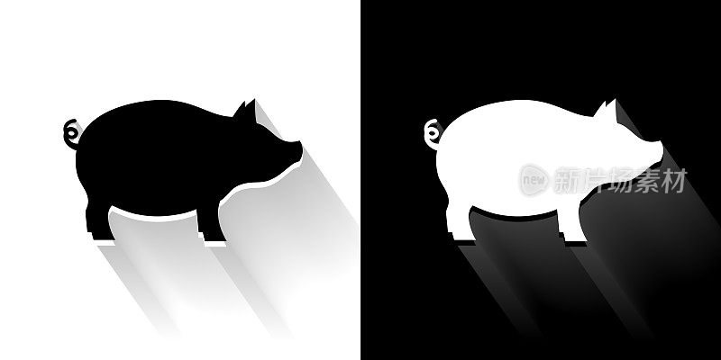 猪黑色和白色图标与长影子