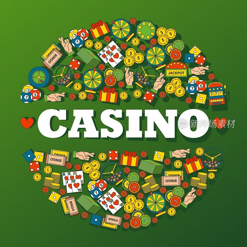 赌场赌博图标在圆形框架构成，矢量插图。赌场、赌场会所的装饰封面，象征好运、财富、娱乐、成功