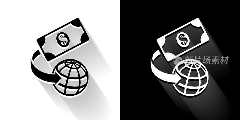 全球金钱黑白图标与长影子