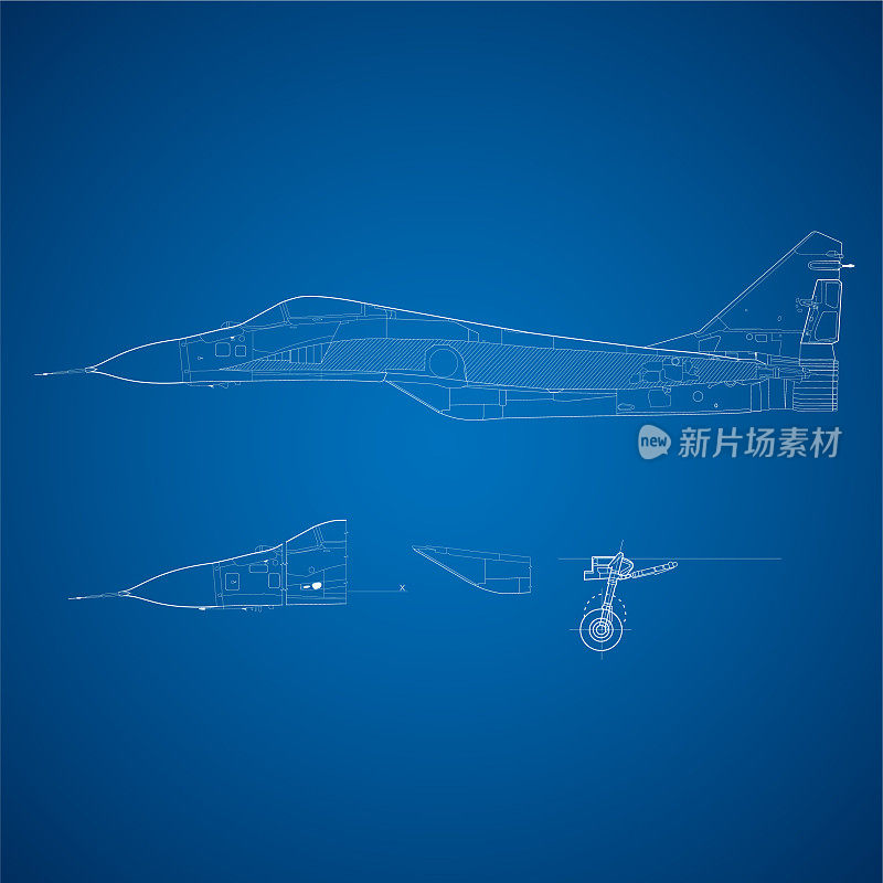 苏联设计的米格29双引擎喷气式战斗机图纸，蓝色背景