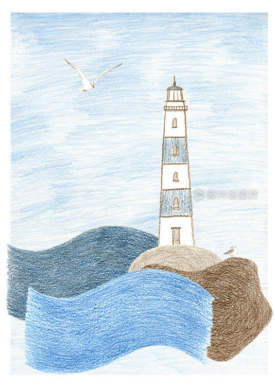 这是一幅混合的画面:在大海中央一块饱经风霜的岩石上，有一座可爱的白色和蓝色灯塔，还有巨大的海浪，天空和悬崖上有一只黑头海鸥。彩色铅笔拼贴。