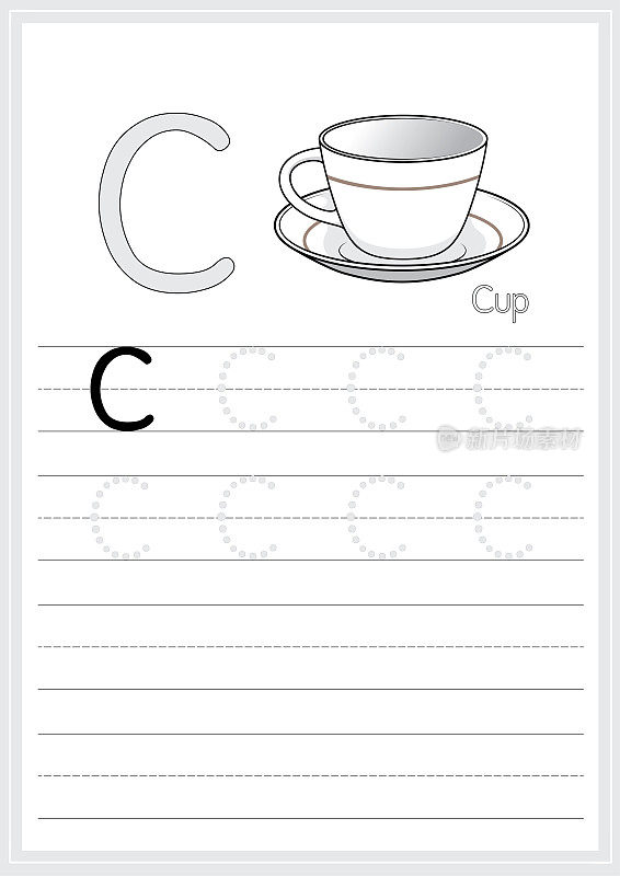 一个白色杯子孤立在白色背景上的矢量插图。用大写字母C作为教学和学习媒体，供儿童识别英文字母或供儿童学习写字母用于在家里和学校学习。