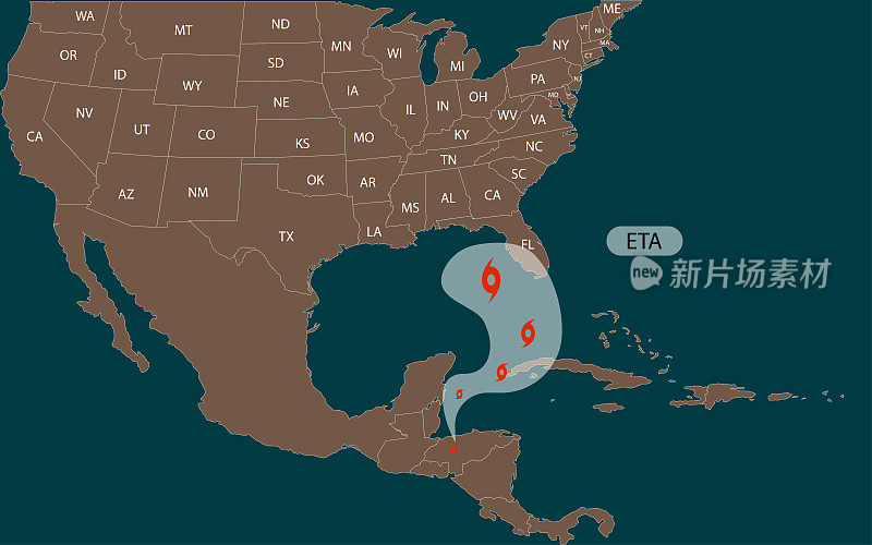 飓风埃塔进入美国。热带风暴预计抵达佛罗里达，中美洲。世界地图。矢量插图。每股收益10