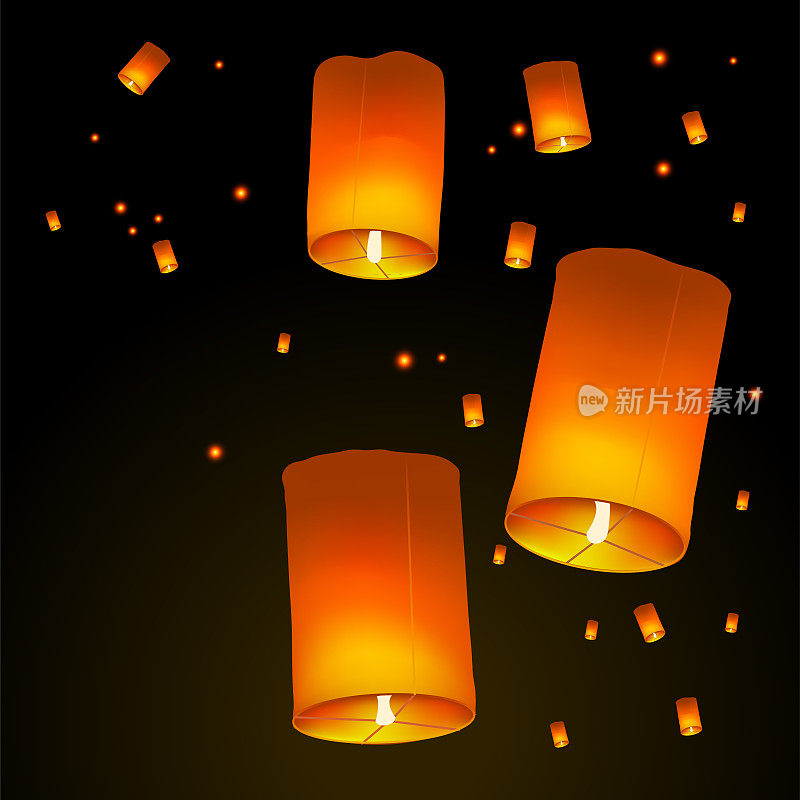 快乐的排灯节节日背景与天空中漂浮的灯笼，印度节日的灯光庆祝概念，矢量插图。
