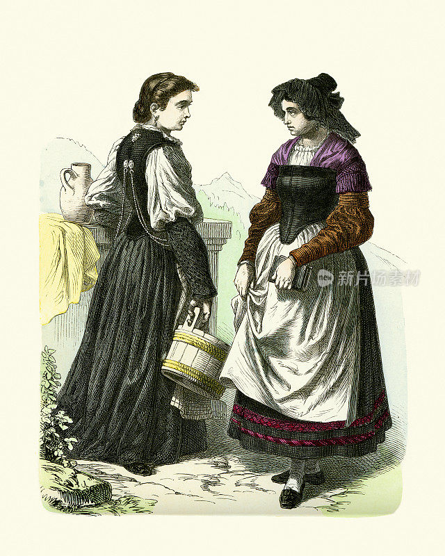 传统服饰瑞士19世纪。女人穿衣服，伯尔尼，西门塔尔